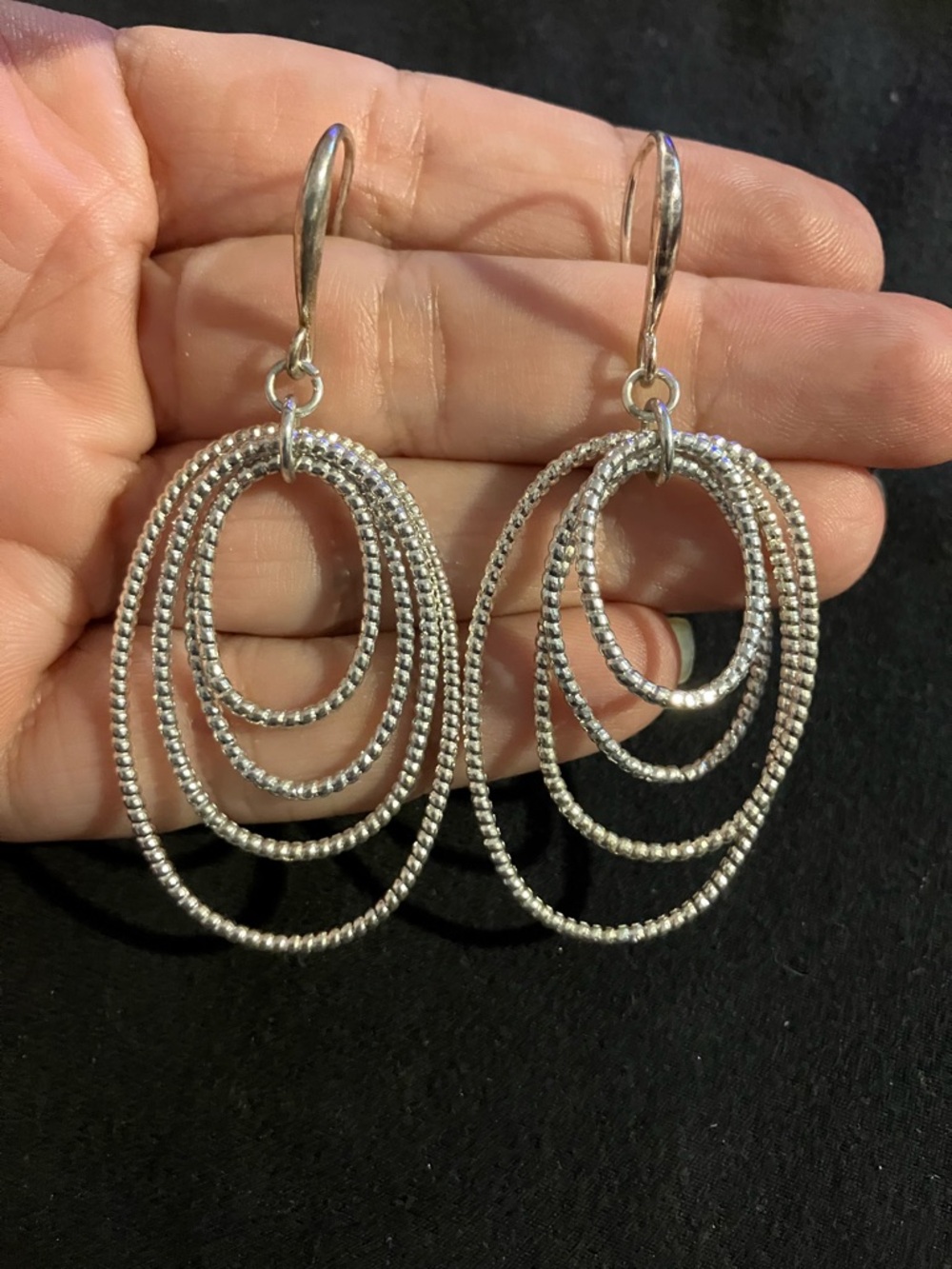 Layered Textured Hoop Drop Earrings in Silver - Picture 2 of 3